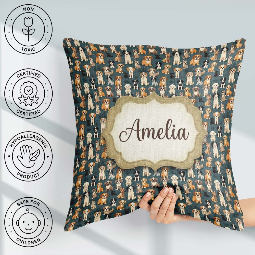 Custom Name Adorable Cartoon Dogs Sitting Dark Teal Pattern Name Square Filled Cushion Throw Pillow Sofa Bed Home Decor Zip Washable UK Made