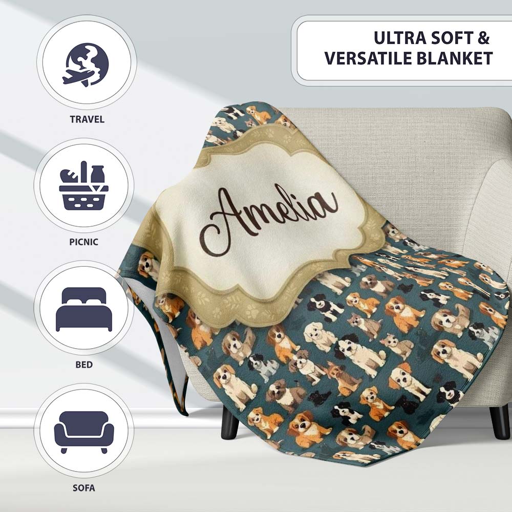 Adorable Cartoon Dogs Sitting on Dark Teal Seamless Pattern Name  Personalised Custom Name Super Soft Fleece Blanket Bed Sofa Throw