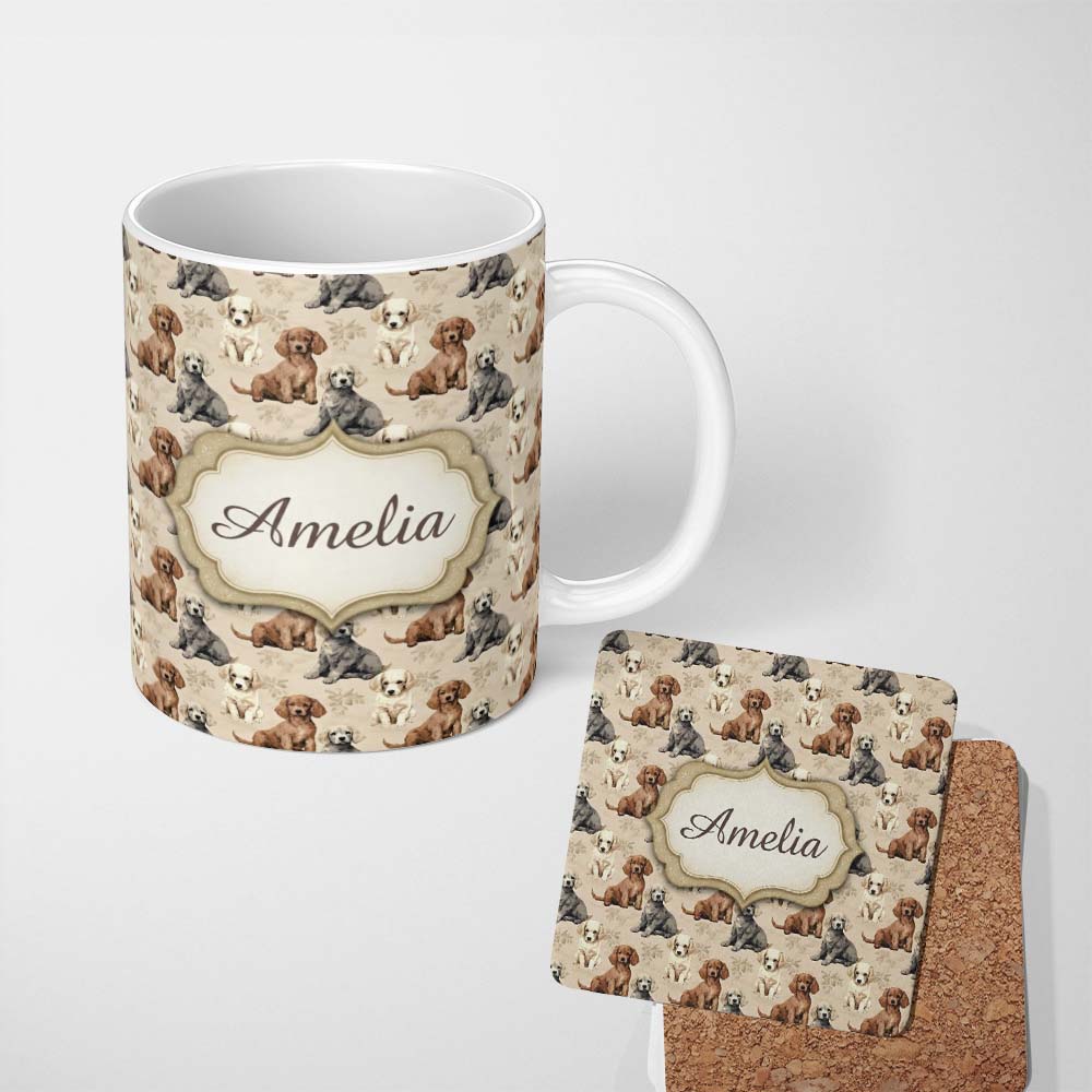 Personalized Custom Name Cute Realistic Puppy Dogs on Neutral Floral Background Seamless 11oz Ceramic Coffee Tea Mug White Large Handle