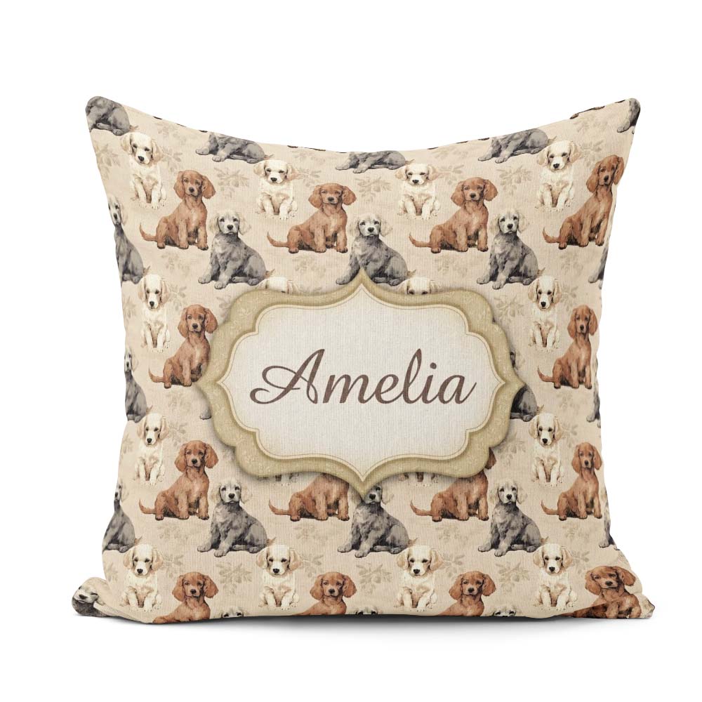Custom Name Cute Realistic Puppy Dogs on Neutral Floral Seamless Square Filled Cushion Throw Pillow Sofa Bed Home Decor Zip Washable UK Made