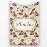 Cute Realistic Puppy Dogs on Neutral Floral Background Seamless  Personalised Custom Name Super Soft Fleece Blanket Bed Sofa Throw