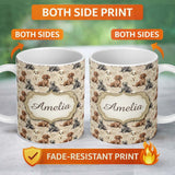 Personalized Custom Name Cute Realistic Puppy Dogs on Neutral Floral Background Seamless 11oz Ceramic Coffee Tea Mug White Large Handle