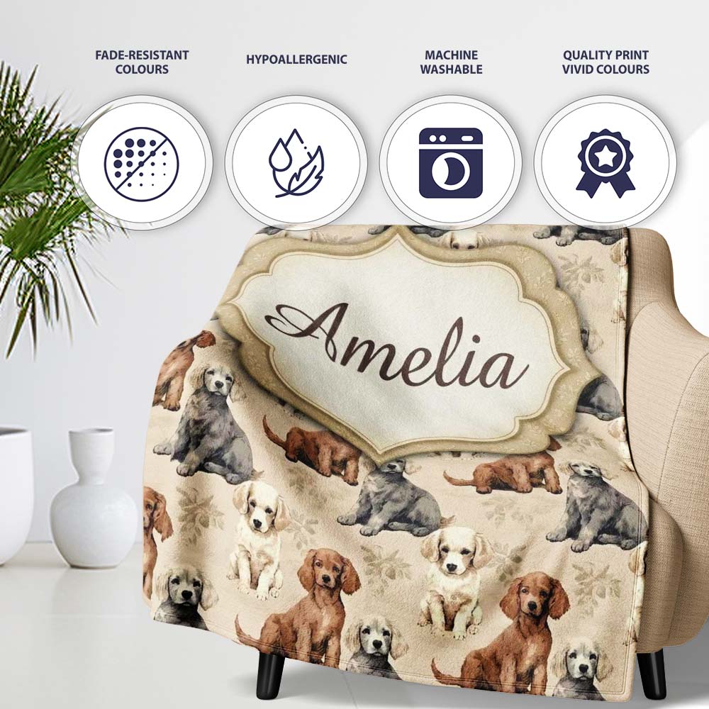 Cute Realistic Puppy Dogs on Neutral Floral Background Seamless  Personalised Custom Name Super Soft Fleece Blanket Bed Sofa Throw
