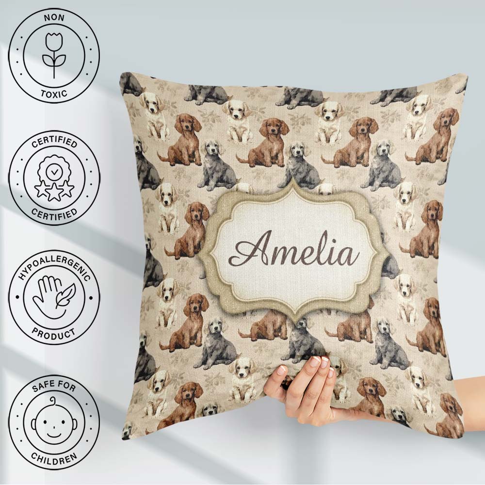 Custom Name Cute Realistic Puppy Dogs on Neutral Floral Seamless Square Filled Cushion Throw Pillow Sofa Bed Home Decor Zip Washable UK Made