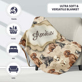 Cute Realistic Puppy Dogs on Neutral Floral Background Seamless  Personalised Custom Name Super Soft Fleece Blanket Bed Sofa Throw