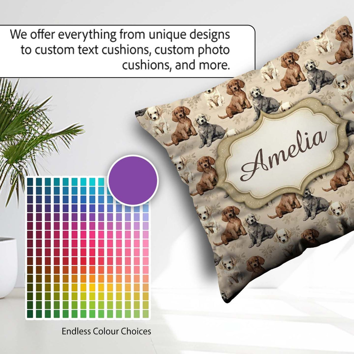 Custom Name Cute Realistic Puppy Dogs on Neutral Floral Seamless Square Filled Cushion Throw Pillow Sofa Bed Home Decor Zip Washable UK Made