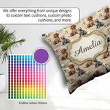 Custom Name Cute Realistic Puppy Dogs on Neutral Floral Seamless Square Filled Cushion Throw Pillow Sofa Bed Home Decor Zip Washable UK Made
