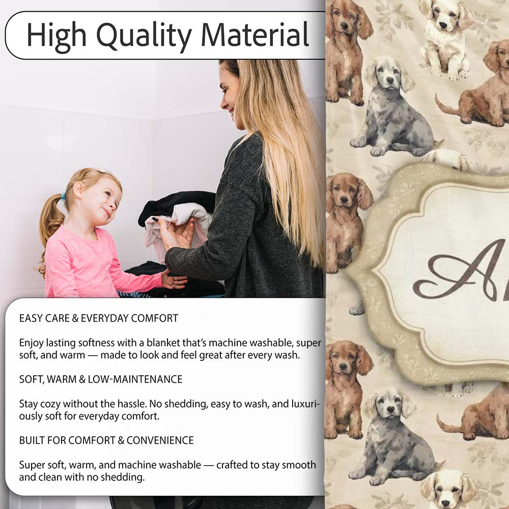 Cute Realistic Puppy Dogs on Neutral Floral Background Seamless  Personalised Custom Name Super Soft Fleece Blanket Bed Sofa Throw
