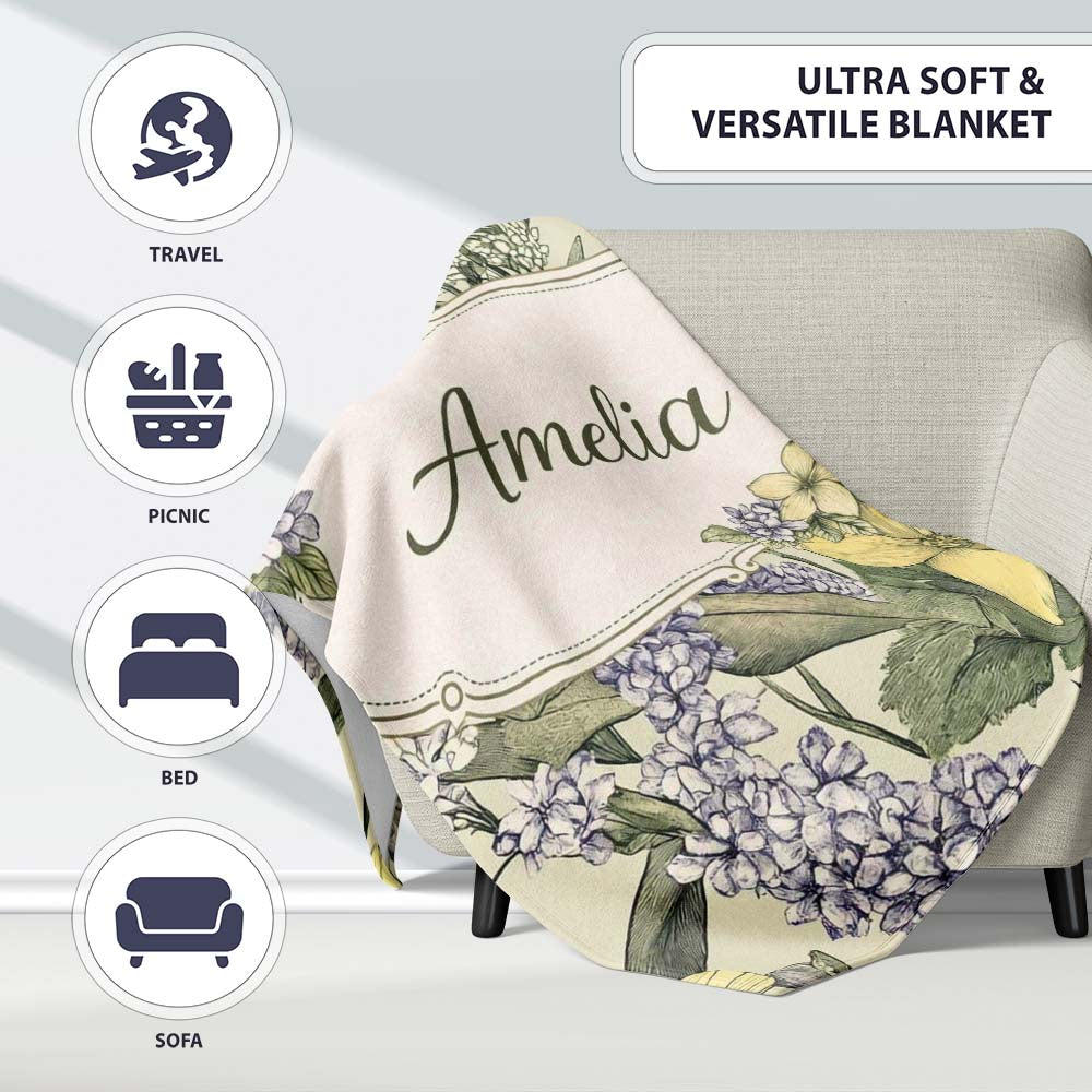 Vintage Botanical Floral Illustration Seamless Pattern Lovely  Personalised Custom Name Super Soft Fleece Blanket Bed Sofa Throw