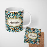 Personalized Custom Name Colorful Dog Faces Pattern on Blue Background Seamless Name Cute 11oz Ceramic Coffee Tea Mug White Large Handle
