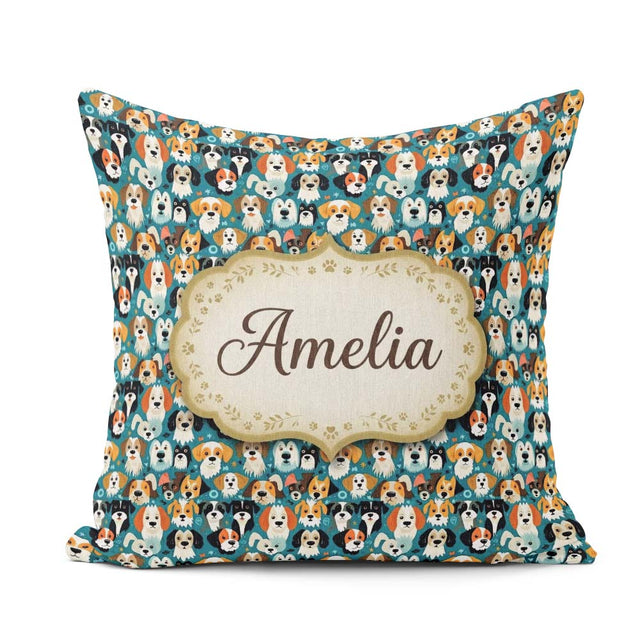 Custom Name Colorful Dog Faces on Blue Background Seamless Name Square Filled Cushion Throw Pillow Sofa Bed Home Decor Zip Washable UK Made