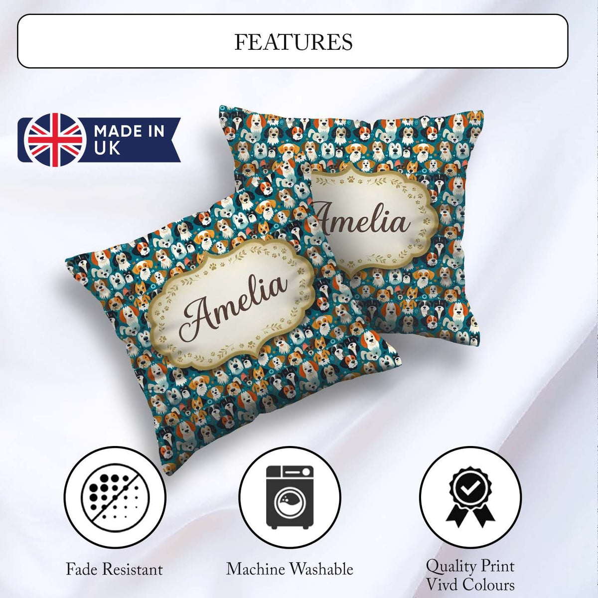 Custom Name Colorful Dog Faces on Blue Background Seamless Name Square Filled Cushion Throw Pillow Sofa Bed Home Decor Zip Washable UK Made