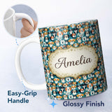 Personalized Custom Name Colorful Dog Faces Pattern on Blue Background Seamless Name Cute 11oz Ceramic Coffee Tea Mug White Large Handle
