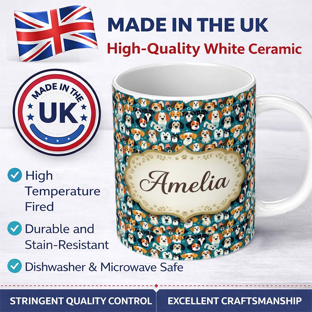 Personalized Custom Name Colorful Dog Faces Pattern on Blue Background Seamless Name Cute 11oz Ceramic Coffee Tea Mug White Large Handle