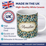 Personalized Custom Name Colorful Dog Faces Pattern on Blue Background Seamless Name Cute 11oz Ceramic Coffee Tea Mug White Large Handle