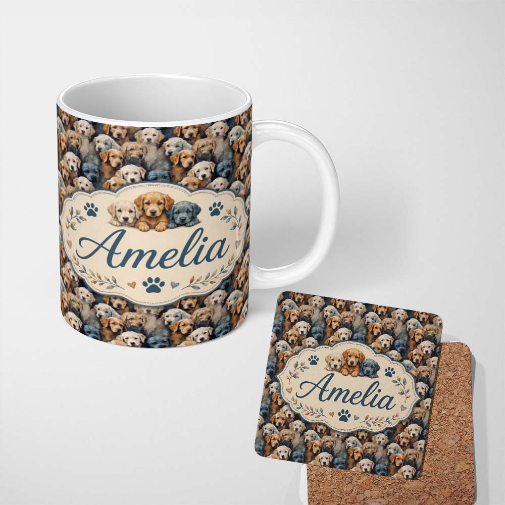 Personalized Custom Name Realistic Golden Retriever Puppies Close Up Seamless Pattern Name 11oz Ceramic Coffee Tea Mug White Large Handle