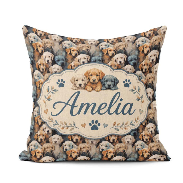 Custom Name Realistic Golden Retriever Puppies Close Up Seamless Square Filled Cushion Throw Pillow Sofa Bed Home Decor Zip Washable UK Made