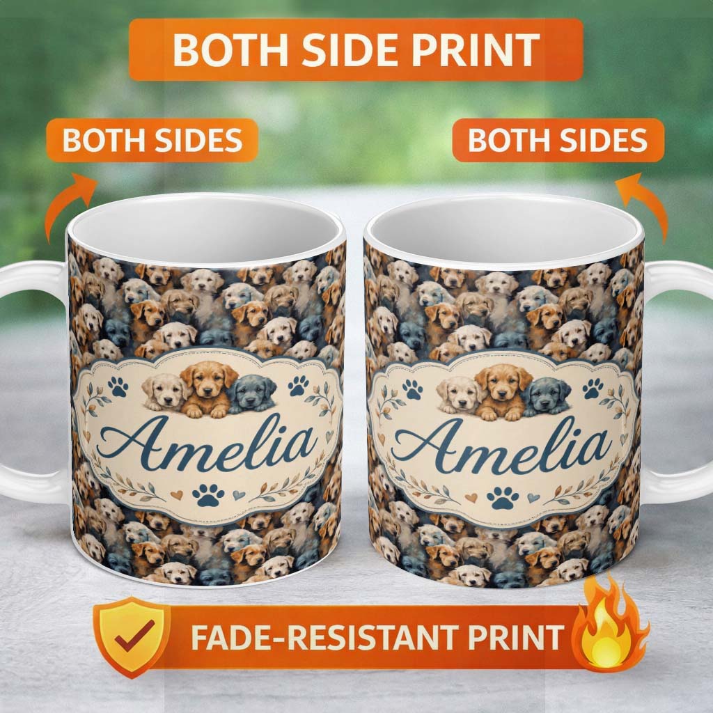 Personalized Custom Name Realistic Golden Retriever Puppies Close Up Seamless Pattern Name 11oz Ceramic Coffee Tea Mug White Large Handle