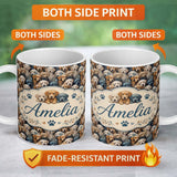 Personalized Custom Name Realistic Golden Retriever Puppies Close Up Seamless Pattern Name 11oz Ceramic Coffee Tea Mug White Large Handle