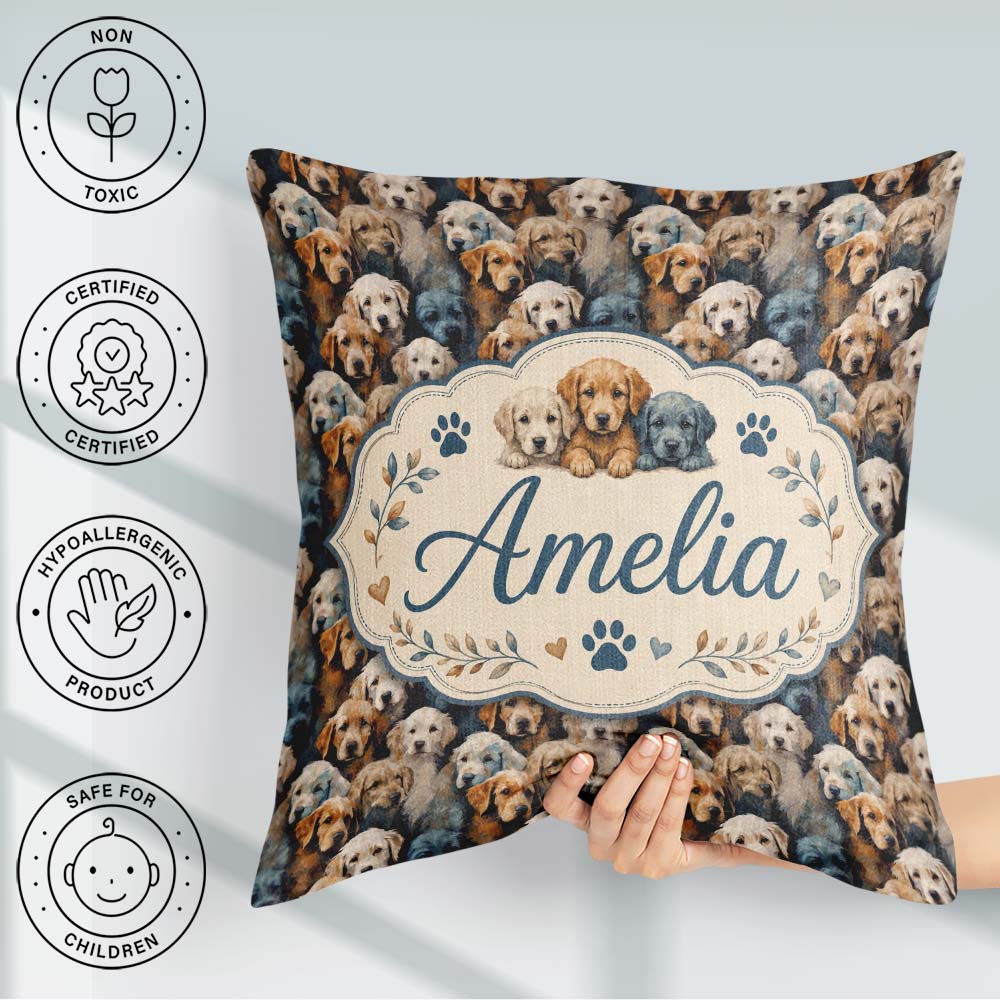 Custom Name Realistic Golden Retriever Puppies Close Up Seamless Square Filled Cushion Throw Pillow Sofa Bed Home Decor Zip Washable UK Made