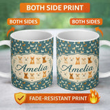 Personalized Custom Name Cute Minimal Dog Characters on Teal Background Seamless Pattern Name 11oz Ceramic Coffee Tea Mug White Large Handle