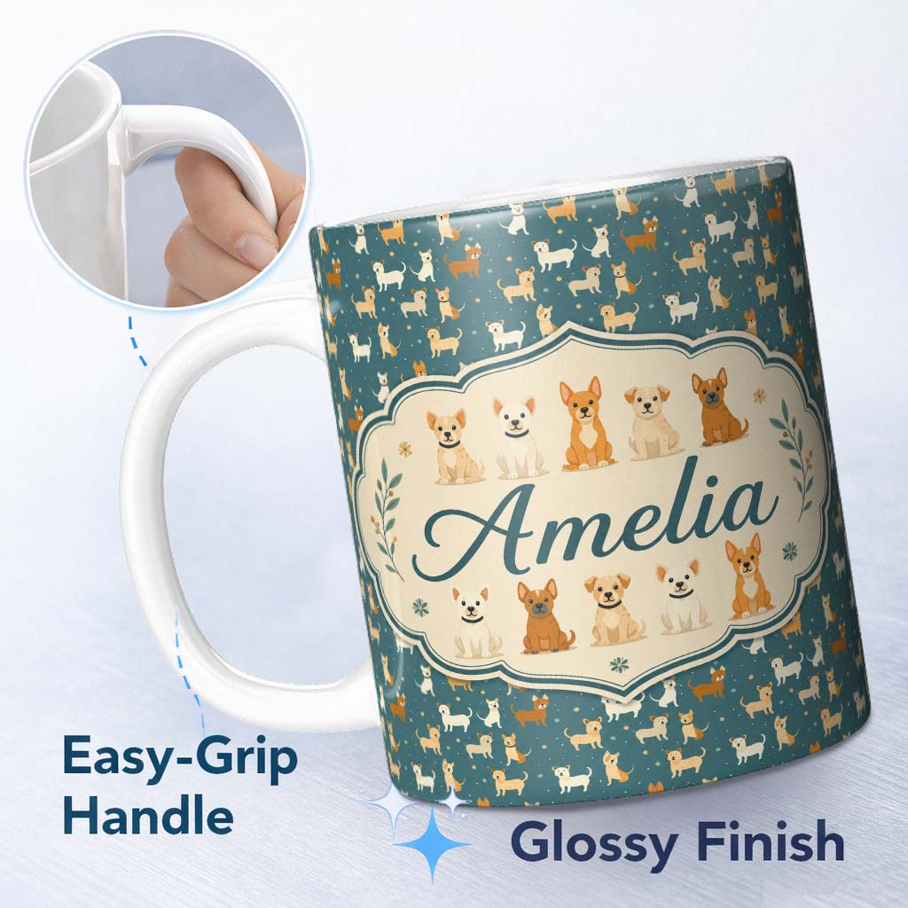 Personalized Custom Name Cute Minimal Dog Characters on Teal Background Seamless Pattern Name 11oz Ceramic Coffee Tea Mug White Large Handle