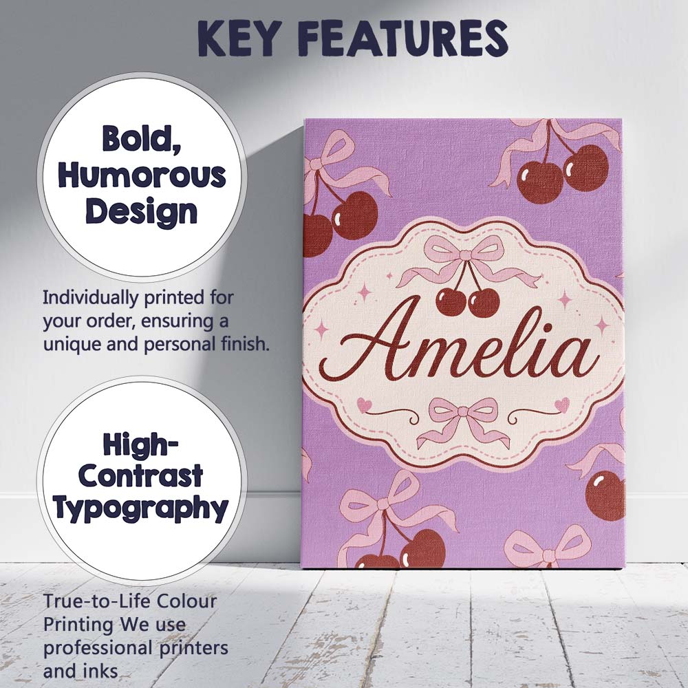 Personalised Name Cherry Bow Ribbon Cute Lavender Pastel Background Custom Canvas Wall Art Print Decor Picture Ready to Hang