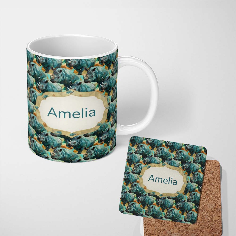 Personalized Custom Name Geometric Rhino Animals Abstract Style Seamless Pattern Name Cute 11oz Ceramic Coffee Tea Mug White Large Handle
