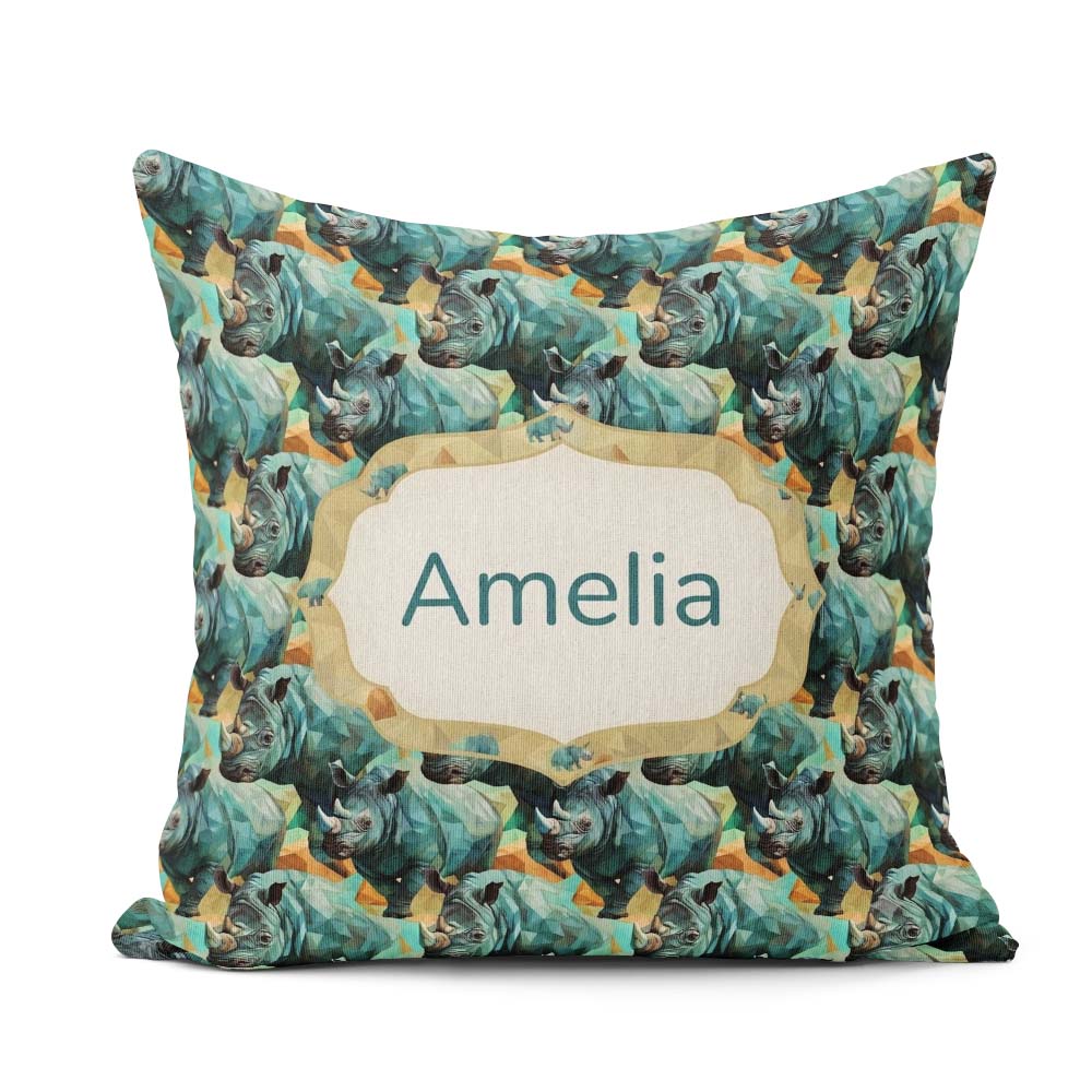 Custom Name Geometric Rhino Animals Abstract Style Seamless Name Square Filled Cushion Throw Pillow Sofa Bed Home Decor Zip Washable UK Made