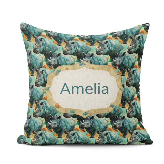 Custom Name Geometric Rhino Animals Abstract Style Seamless Name Square Filled Cushion Throw Pillow Sofa Bed Home Decor Zip Washable UK Made