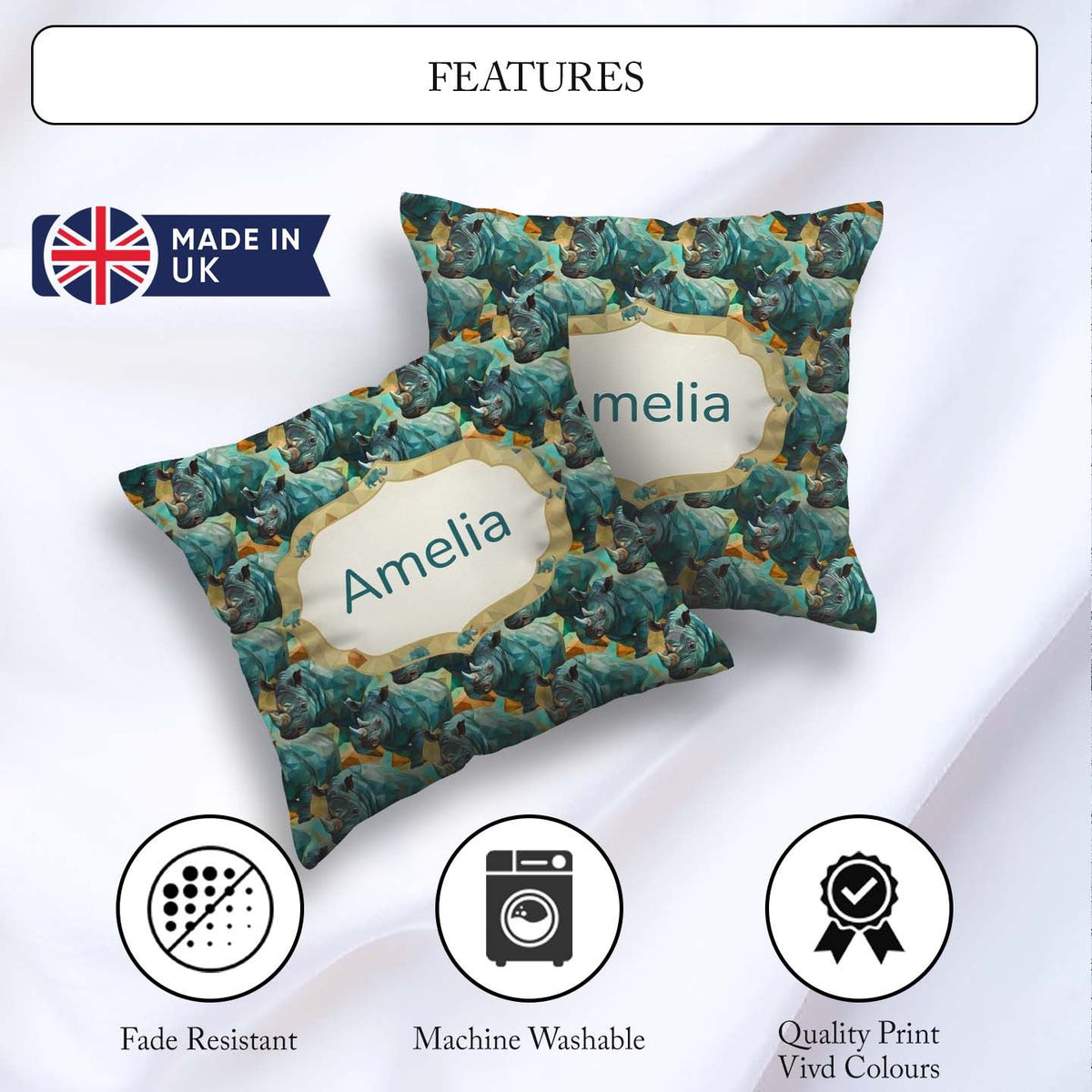 Custom Name Geometric Rhino Animals Abstract Style Seamless Name Square Filled Cushion Throw Pillow Sofa Bed Home Decor Zip Washable UK Made