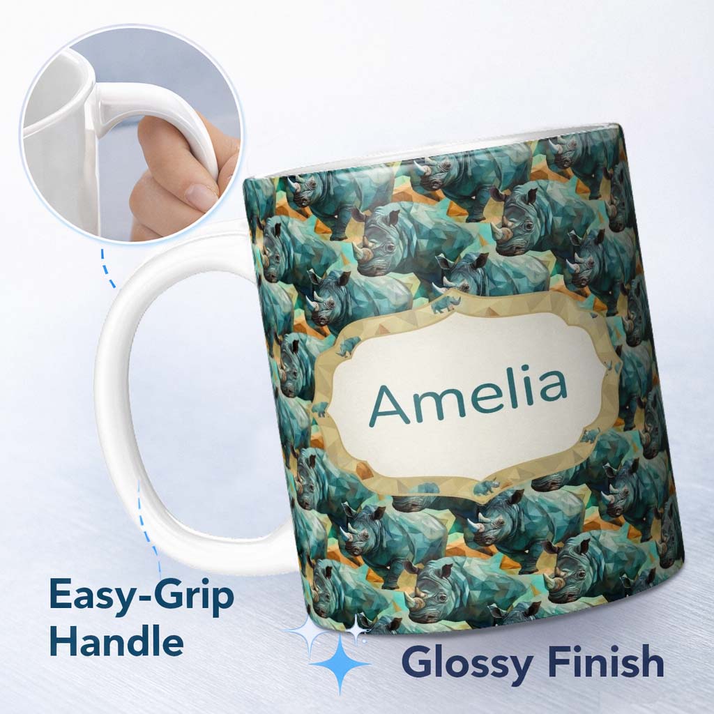 Personalized Custom Name Geometric Rhino Animals Abstract Style Seamless Pattern Name Cute 11oz Ceramic Coffee Tea Mug White Large Handle