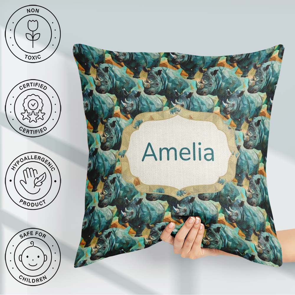 Custom Name Geometric Rhino Animals Abstract Style Seamless Name Square Filled Cushion Throw Pillow Sofa Bed Home Decor Zip Washable UK Made