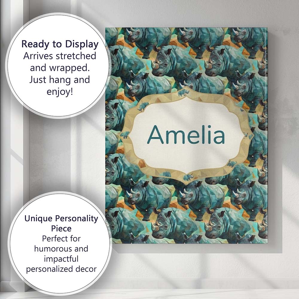 Personalised Name Geometric Rhino Animals Custom  Unique Gift Idea Elegant Feature Canvas Wall Art Print Decor Picture Ready to Hang