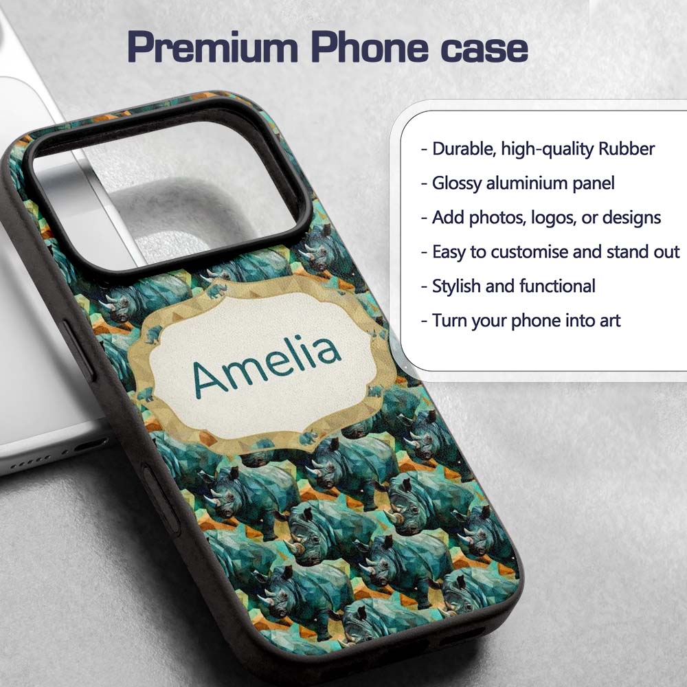 Geometric Rhino Animals Abstract Style Seamless Custom Name Protective Phone Case Mobile Cover Durable Everyday Smartphone Shock Resistant