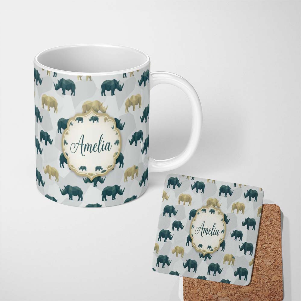 Personalized Custom Name Stylized Rhino Silhouettes in Soft Neutral Tones Seamless Pattern 11oz Ceramic Coffee Tea Mug White Large Handle