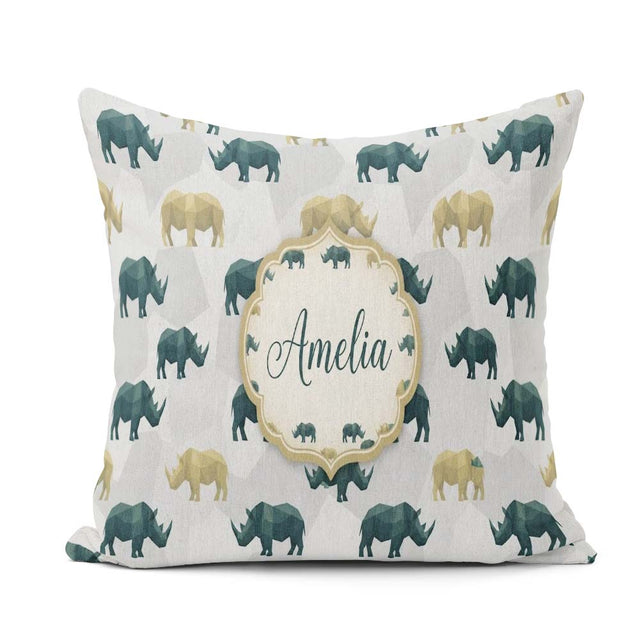 Custom Name Stylized Rhino Silhouettes in Neutral Tones Seamless Square Filled Cushion Throw Pillow Sofa Bed Home Decor Zip Washable UK Made