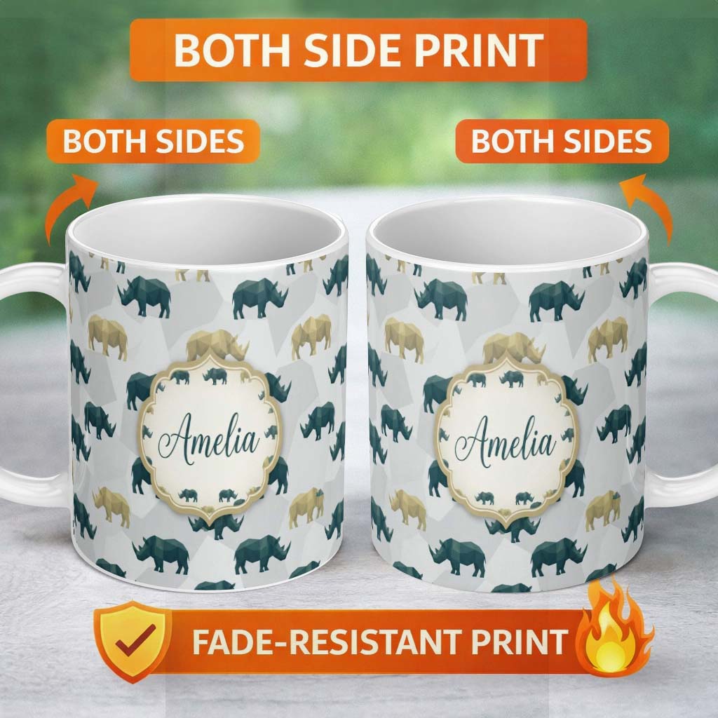Personalized Custom Name Stylized Rhino Silhouettes in Soft Neutral Tones Seamless Pattern 11oz Ceramic Coffee Tea Mug White Large Handle
