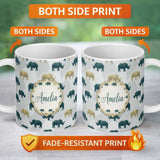 Personalized Custom Name Stylized Rhino Silhouettes in Soft Neutral Tones Seamless Pattern 11oz Ceramic Coffee Tea Mug White Large Handle