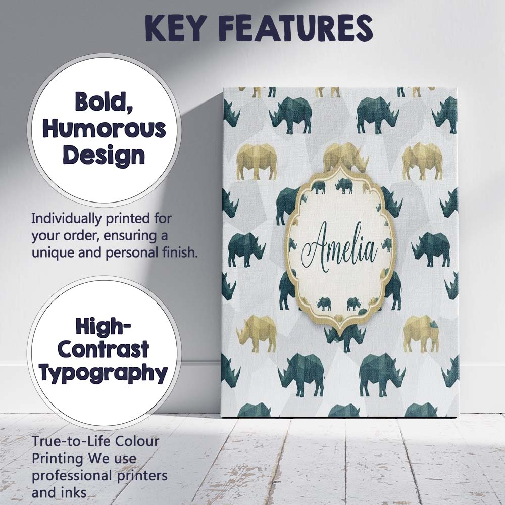 Personalised Name Stylized Rhino Silhouettes Custom Bespoke  Contemporary Display Canvas Wall Art Print Decor Picture Ready to Hang