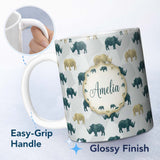 Personalized Custom Name Stylized Rhino Silhouettes in Soft Neutral Tones Seamless Pattern 11oz Ceramic Coffee Tea Mug White Large Handle