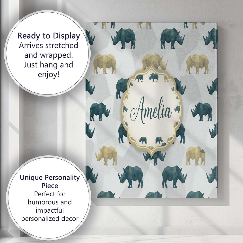 Personalised Name Stylized Rhino Silhouettes Custom Bespoke  Contemporary Display Canvas Wall Art Print Decor Picture Ready to Hang