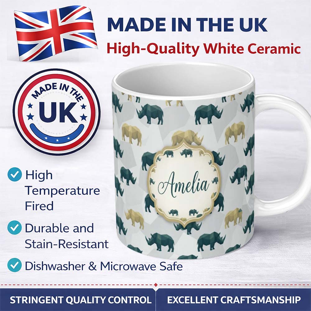 Personalized Custom Name Stylized Rhino Silhouettes in Soft Neutral Tones Seamless Pattern 11oz Ceramic Coffee Tea Mug White Large Handle