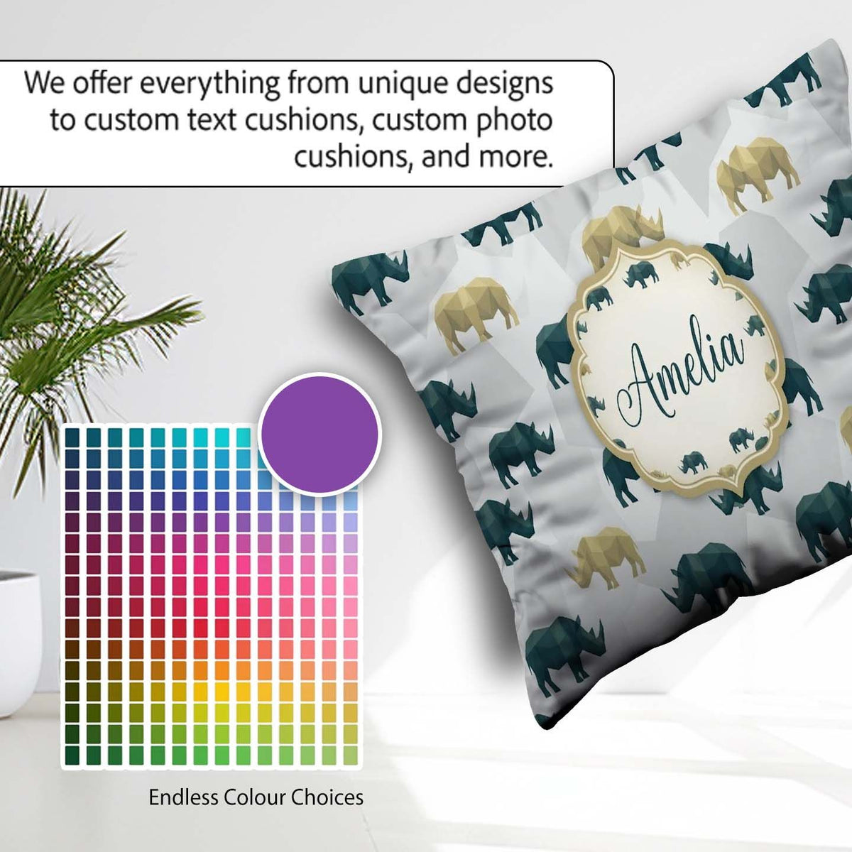 Custom Name Stylized Rhino Silhouettes in Neutral Tones Seamless Square Filled Cushion Throw Pillow Sofa Bed Home Decor Zip Washable UK Made