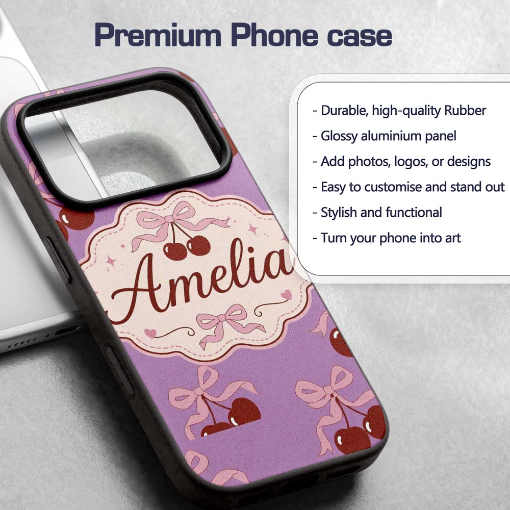 Cherry Bow Ribbon Cute Lavender Pastel Background Custom Name Protective Phone Case Mobile Cover Durable Everyday Smartphone Shock Resistant