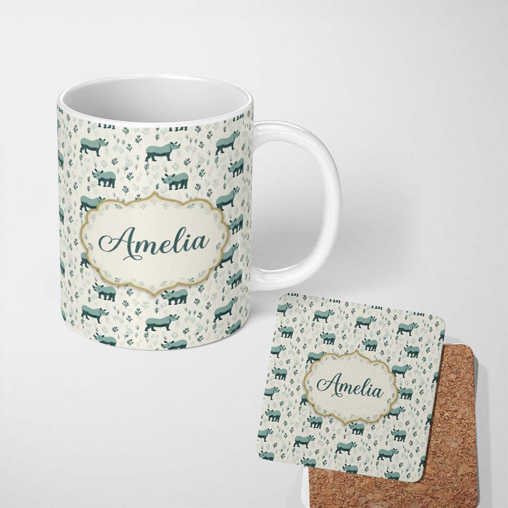 Personalized Custom Name Cute Rhino with Minimal Leaf Elements Seamless Pattern Name Unique 11oz Ceramic Coffee Tea Mug White Large Handle