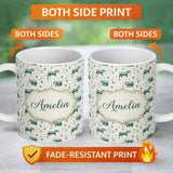 Personalized Custom Name Cute Rhino with Minimal Leaf Elements Seamless Pattern Name Unique 11oz Ceramic Coffee Tea Mug White Large Handle