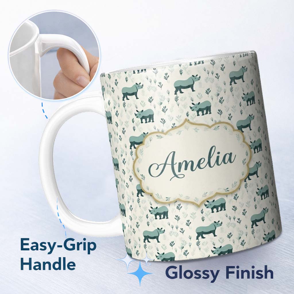 Personalized Custom Name Cute Rhino with Minimal Leaf Elements Seamless Pattern Name Unique 11oz Ceramic Coffee Tea Mug White Large Handle