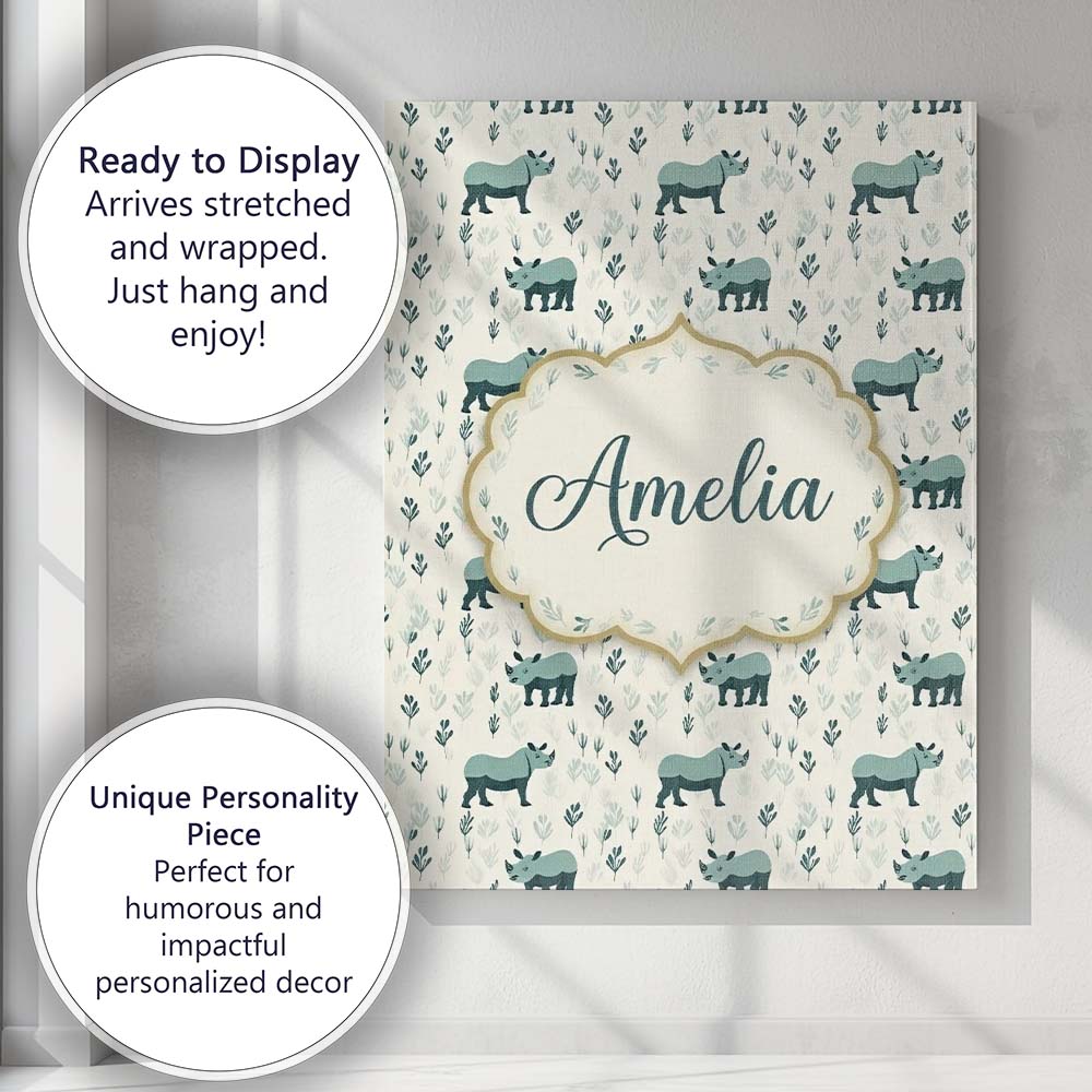 Personalised Name Cute Rhino with Minimal Custom  Unique Gift Idea Elegant Feature Canvas Wall Art Print Decor Picture Ready to Hang