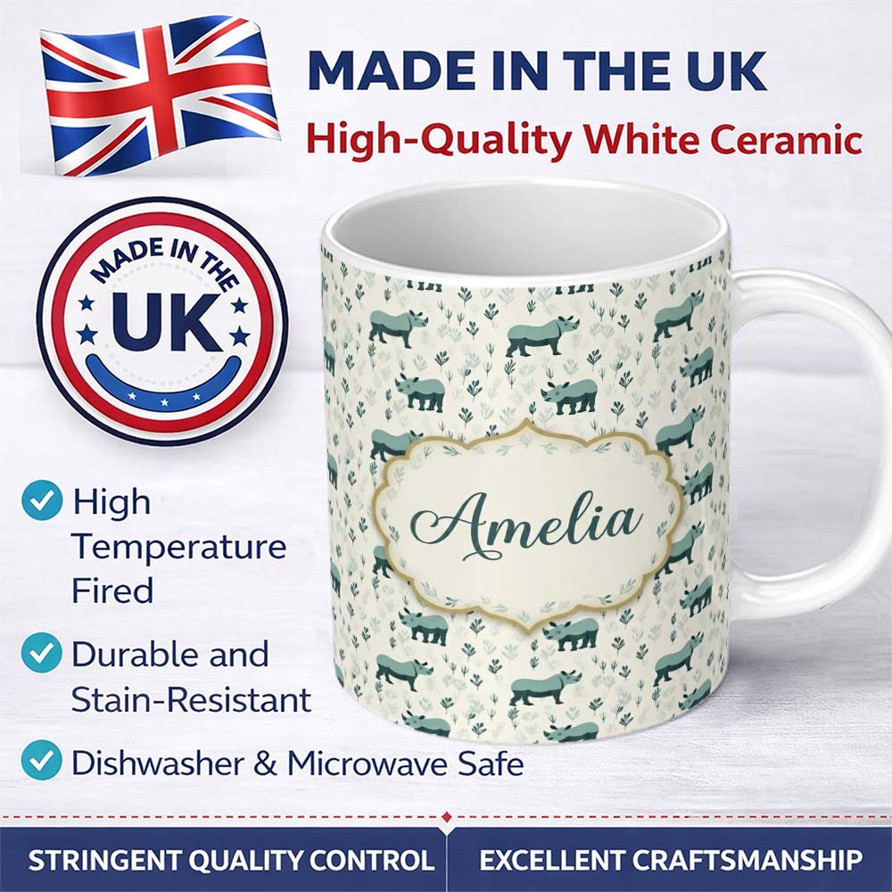 Personalized Custom Name Cute Rhino with Minimal Leaf Elements Seamless Pattern Name Unique 11oz Ceramic Coffee Tea Mug White Large Handle